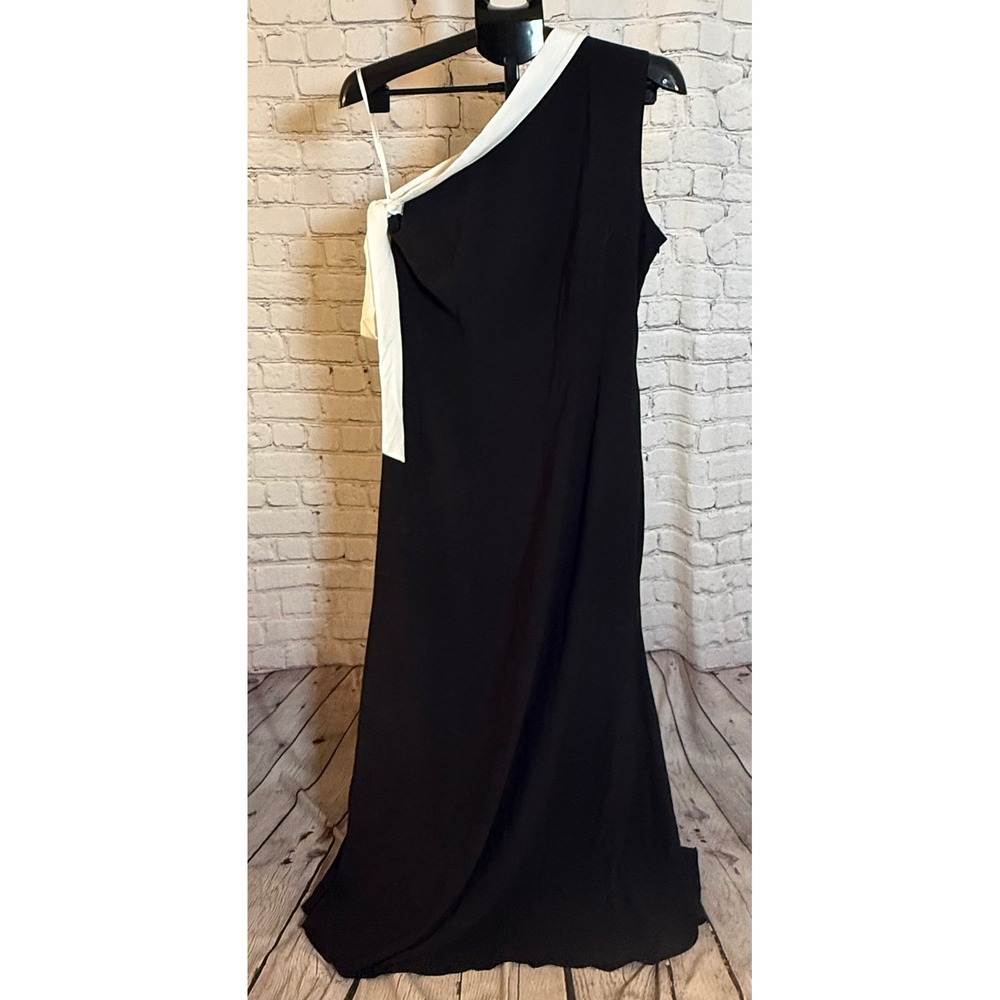 Lulus Black and White One Shoulder Bow Detail Maxi Dress XL Formal Gown Slit - Picture 2 of 5